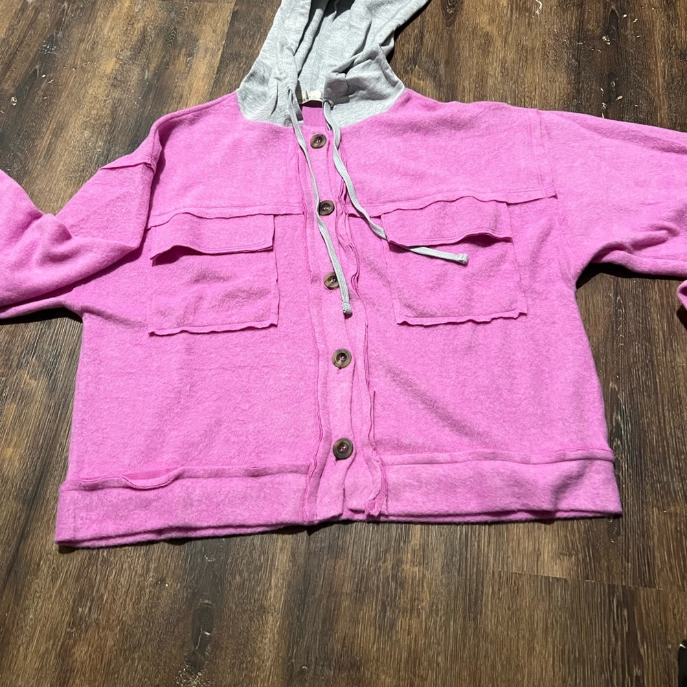 Zenana pink  and Gray Button-Up Hoodie